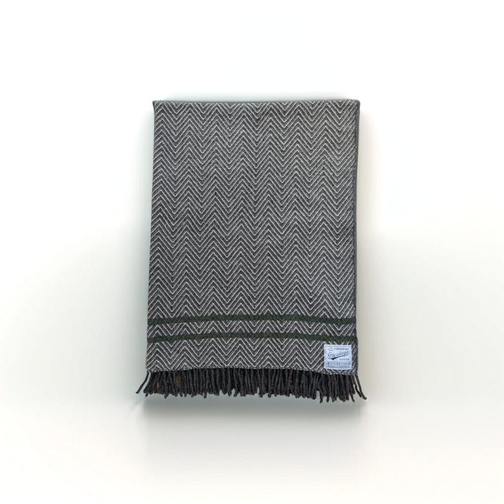 Green double stripe dark gray wool blanket