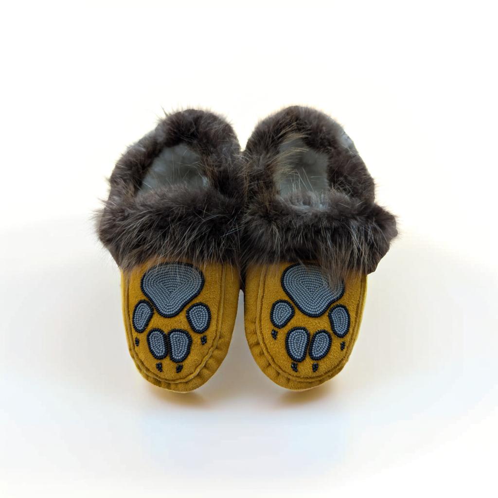 Plush wolf paw moccasins with beaver fur