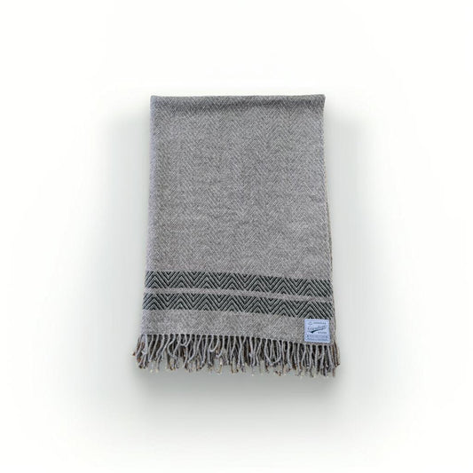 Light grey double green stripe wool blanket