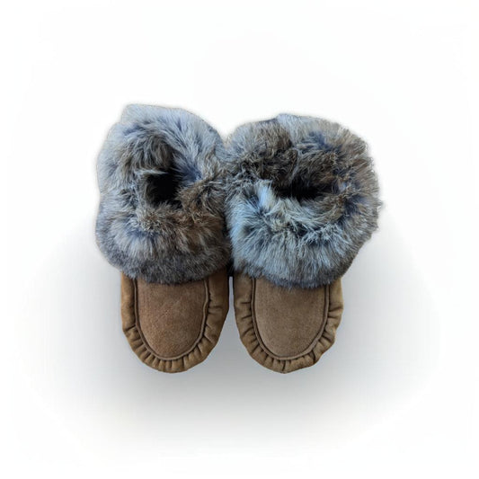 Kids moosehide moccasins with rabbit fur