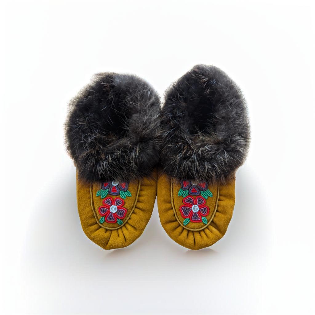 Women's beaded flower moosehide moccasins with beaver fur